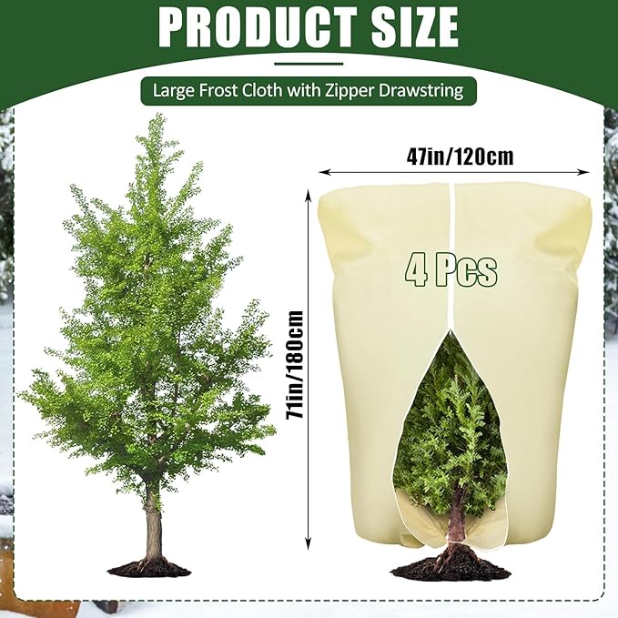 EYNDYN 4 Pcs Plant Covers Frost Protection Bag 71" x 47" Winter Reusable Plants Jacket with Drawstring Shrub Protection Wraps Bags Frost Blanket for Winter Outdoor Garden Plants