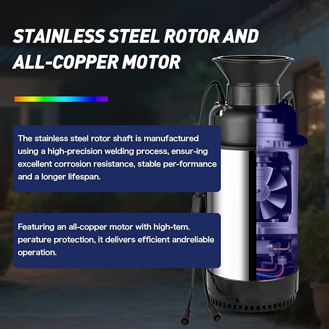 Premium LED Pond Fountain with RGB Lighting System, Stainless Steel Rotor, All-Copper Motor, Remote Control, Dynamic Color Changing, for Garden Ponds (without light)