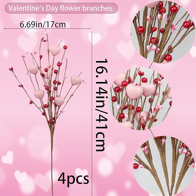 4 Pcs Artificial Flowers Berry Stems Valentine’s Day Picks Artificial Berry Flower Stems with Pink Hearts Valentine Floral Picks for Table Centerpiece Anniversary Wedding