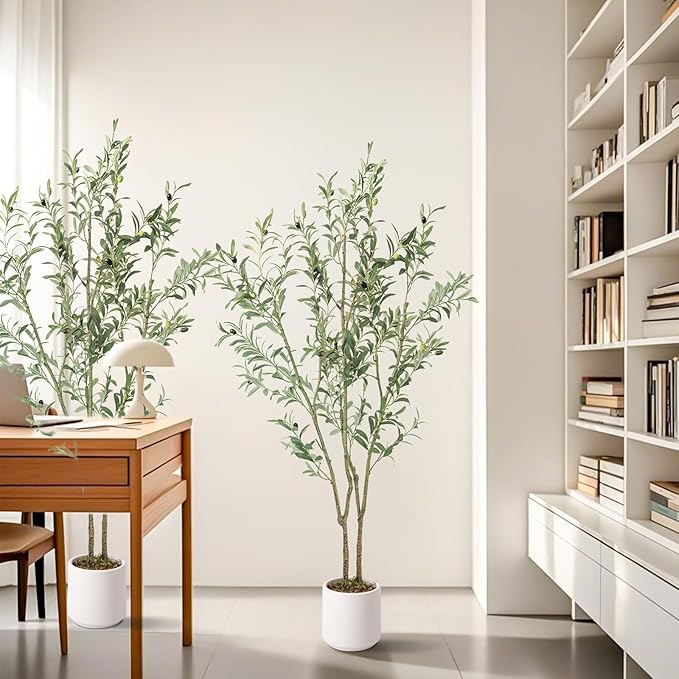 Artificial Fake Olive Tree 5FT Tall 2Pack with White Planter Faux Silk Olive Tree for Home Living Room Office Decor Faux Artificial Plants Indoor with Fruit & Free Moss