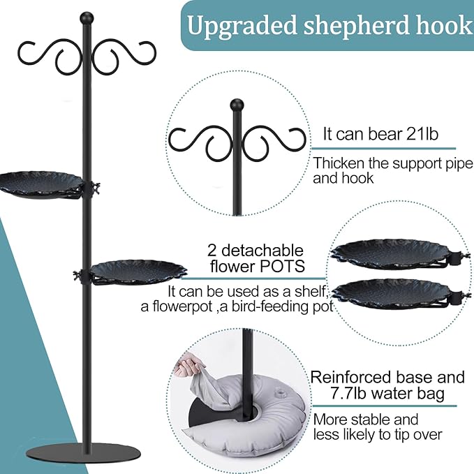Upgraded 74" Shepherd's Hook for Bird Feeder，Floor Hanging Plant，Wind Chime Stand, Waterproof Metal & Adjustable-Height Standing Pole Holder for Lantern and Wreath, Indoor & Outdoor（2 Placement Racks)