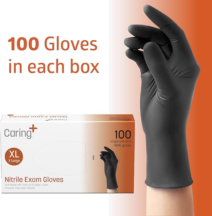 Caring Nitrile Exam Gloves, 100 Count, Powder Free and Without Natural Rubber Latex, Gloves for Cleaning, Food Prep, Black
