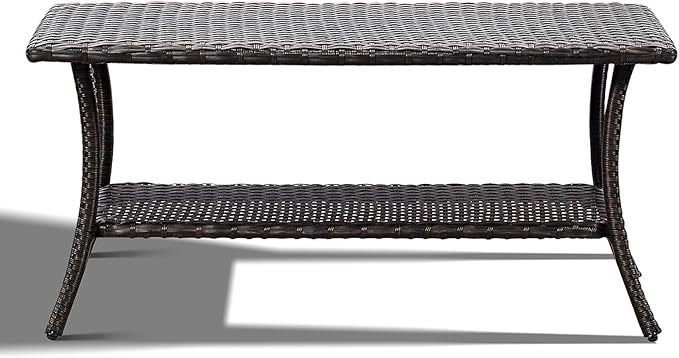 Wicker Outdoor Coffee Table,Rattan Outdoor Coffee Table with 2-Layer Storage Furniture Tables for Garden,Porch,Backyard