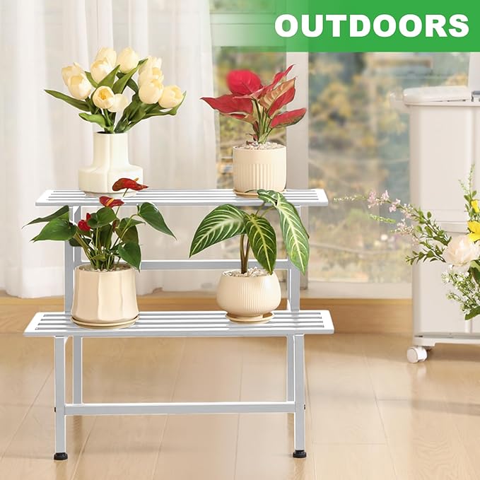 Dipion Metal Plant Stand Outdoor Plant Shelf Indoor,2 Tier Heavy Duty Ladder Plant Stands for Multiple Plants,26" L x 20.25" H x 17.75" W,White