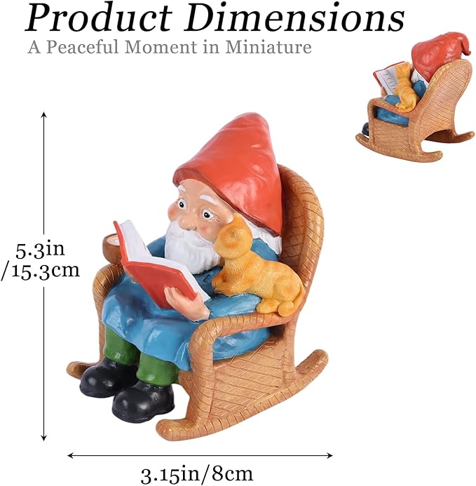 Garden Gnome Statue – Resin Gnome Figurine Reading Book Sculpture with Cat, Hand-Painted Outdoor Decoration for Patio, Lawn, Yard, or Porch, Whimsical Garden Ornament Gift