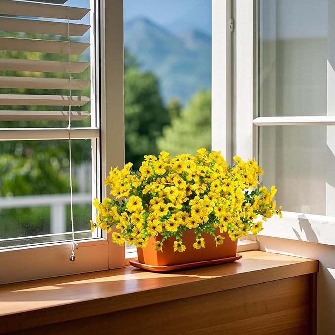 Grunyia Artificial Fake Flowers for Outdoor Spring Decoration, 16 Bundles Faux Silk Colorful Daisy UV Resistant Realistic for Outside Porch Patio Home Yard Garden Planters Pots Window Box (Yellow)