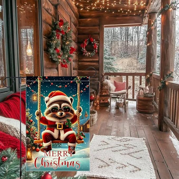 Christmas Garden Flag 12x18 Inch Double Sided Burlap Holiday Yard Flag Cute Raccoon in Santa Outfit Swinging with Lights Small Winter Outdoor Decorations for Lawn Porch