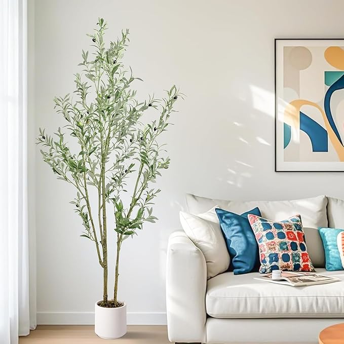 Olive Trees Artificial Indoor,Fake Olive Tree 6FT Tall 1Pack with White Planter Faux Silk Olive Tree for Home Living Room Office Decor Faux Artificial Plants Indoor with Fruit & Free Moss