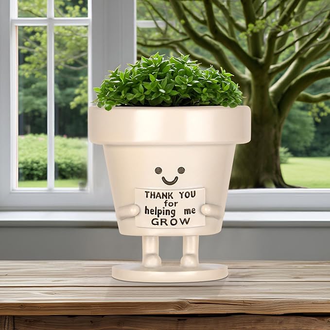 KIUGCO Funny Smiley Face Planter Pots with Drainage - Unique Cute Resin Flower Pot for Indoor Outdoor Plants Succulents Cactus Teacher Appreciation Gifts