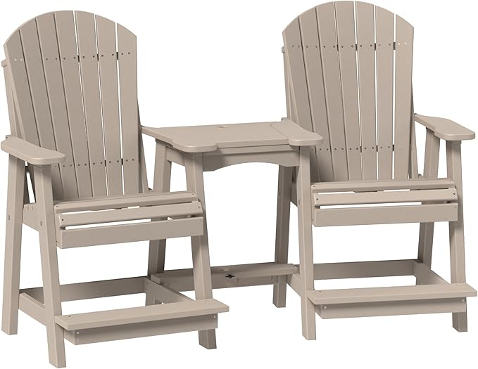 LuxCraft Poly Tete-a-Tete Patio Table and Counter Height Balcony Chairs with Umbrella Hole, Weatherproof Outdoor Patio Furniture Set for Outside - Amish Made in USA (Weatherwood)