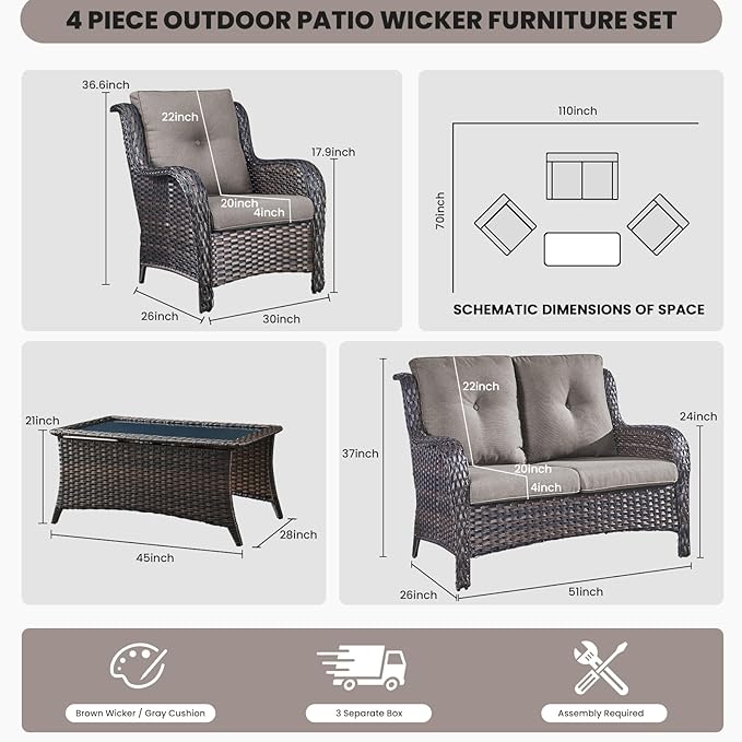 Belord Wicker Furniture 4 Pieces Outdoor Patio Furniture Set Patio Loveseat Sofa Set with Wicker Chairs and Coffee Table, Paito Conversation Set for Porch Garden Deck Balcony Poolside