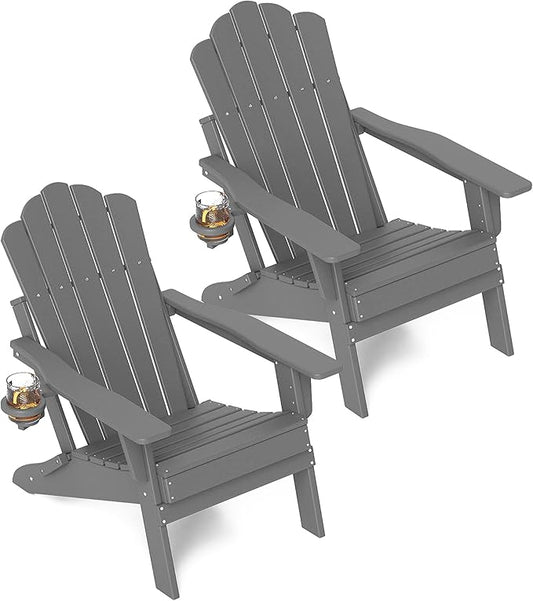 FOOWIN HDPE Adjustable Adirondack Chair Set of 2, 400lbs Heavy Duty Folding Patio Chairs with Cup Holder, 3-Position Reclining Fire Pit Seating, All-Weather Poly Lumber for Backyard, Deck - Grey