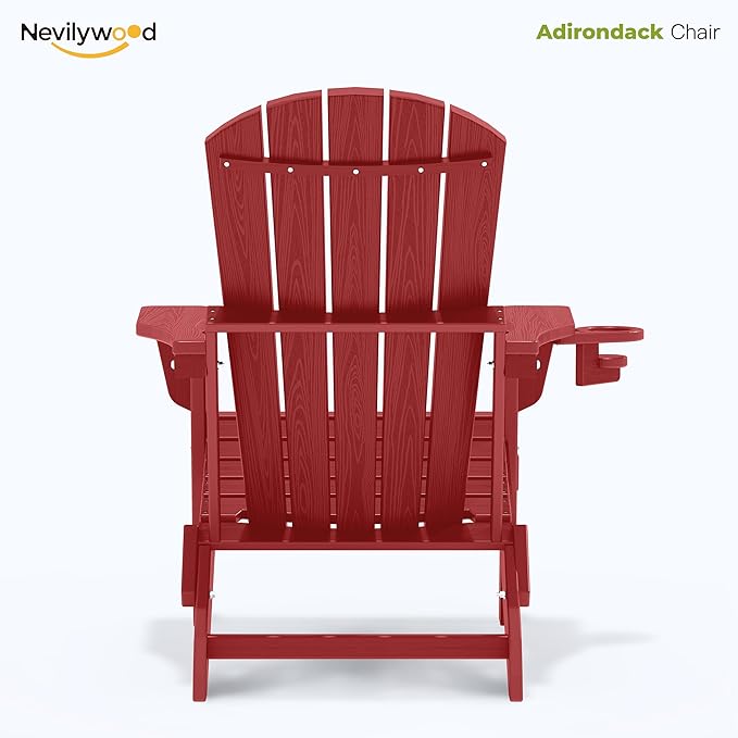 nevilywood Folding Adirondack Chair with Cup Holder Set of 4, HDPE Patio Chairs,All-Weather Outdoor Chairs for Backyard, Deck,Fire Pit-Red