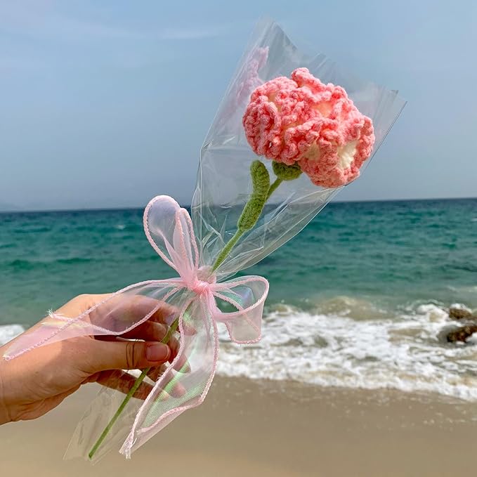 YOOJEE Crochet Flower Pink Carnation Graduation for Wife & Grandma Handmade Knitted Carnation for Women Coworkers Teachers Purple Yarn Flower