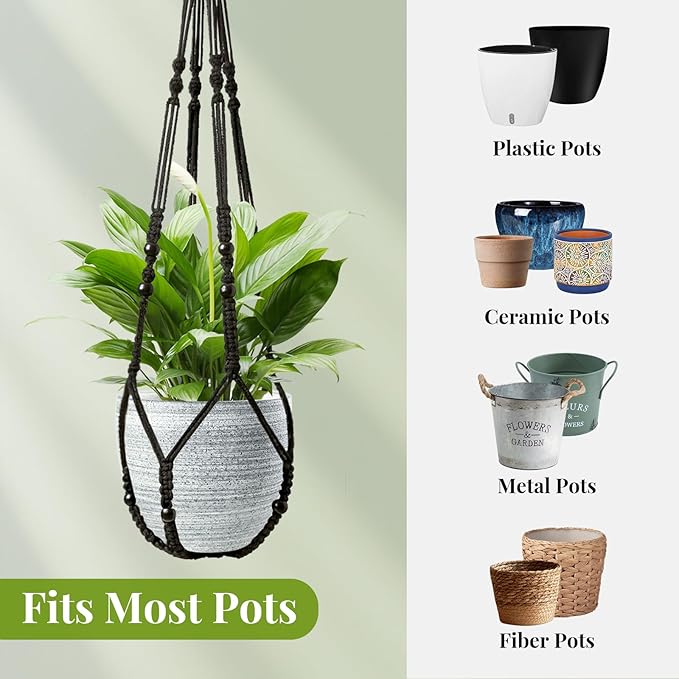LEWESU Macrame Plant Hanger Indoor Set of 4 with 8 Hooks, Indoor Outdoor Hanging Planter for Plants Holder with Decorative Wood Beads & No Tassels, Boho Home Decor, 35 Inch Black (Pots Not Included)