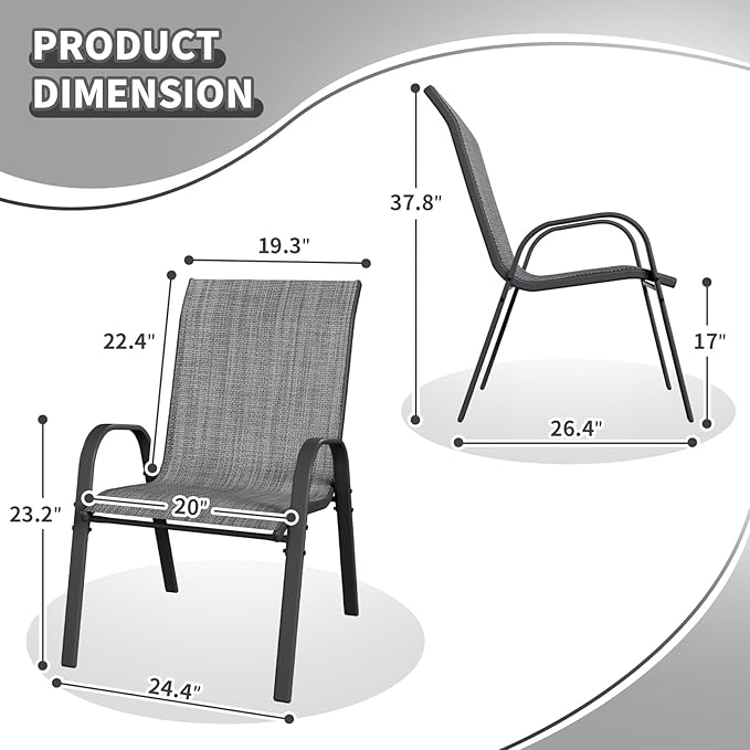 Patio Dining Chairs Set of 8, Outdoor High Stacking Chairs，Breathable Seat Fabric and Alloy Steel Frame for Backyard, Porch, Garden, Sunroom (Light Grey)