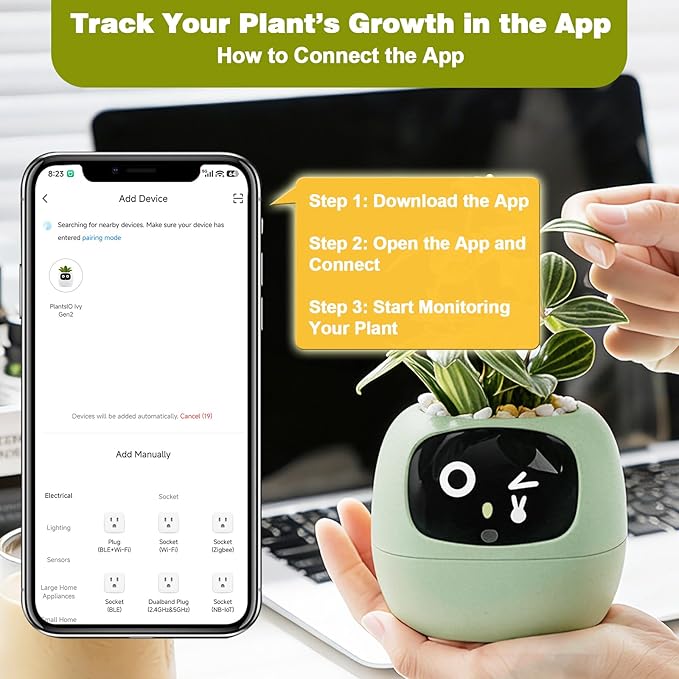 Plantsio AI Smart Pot for Plants with App Control, Self-Watering, Visual Display & 80ml Reservoir, Digital Plant Pot Supports 100+ Plants, Pomodoro Timer, Clock & Calendar,Desk & Office Planter-Green