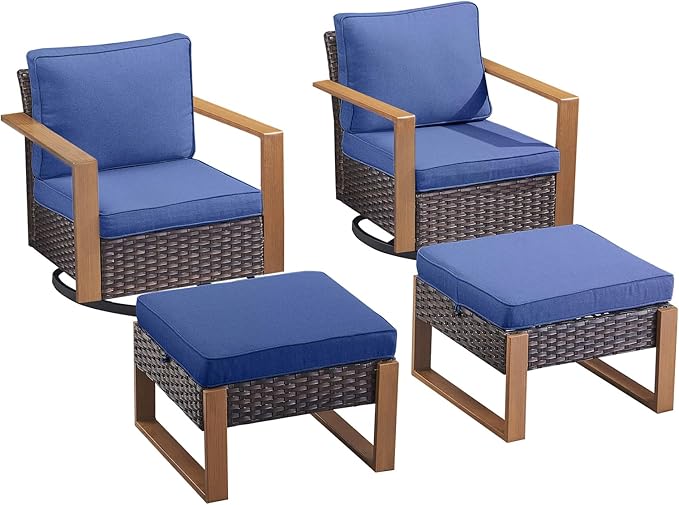 Rilyson Outdoor Wicker Patio Furniture Set - 4 Piece Patio Conversation Set with 2 Wicker Swivel Rocker Chairs,2 Rattan Ottoman, Thick Cushions, Deep Seating, Wide Armrest(Brown/Blue)