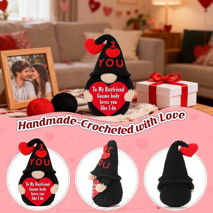 Valentines Gifts for Boyfriend from Girlfriend - Handmade Crochet Gnome, Romantic Valentine‘s Day Birthday Xmas Presents for Him, I Love You Sentimental Gift for Lover