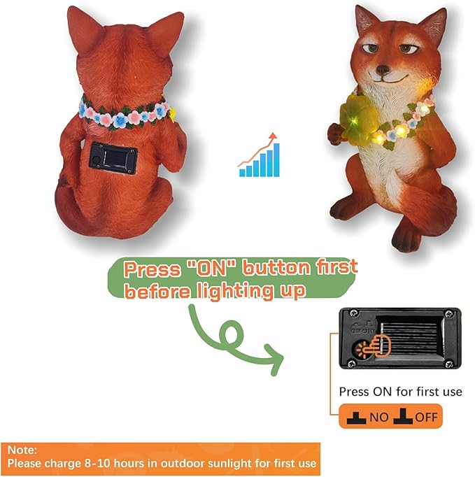 Solar Fox Garden Statue Nick Inspired 12 Inch, Resin Red Fox Figurine Led Outdoor Decor w/ Four-leaf Clover Light, Collectible Garden Guardian Yard Patio Ornaments for Spring St.Pactrick's Mom Gifts