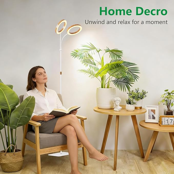 LPMZMBL Dual Head Grow Light for Indoor Plants Full Spectrum-Floor Standing Plant Lamp with Auto Timer 6/12/18H, 5-Level Dimmable & Adjustable Height 16.5-68in for Large Tall Plants | Faux Wood Design