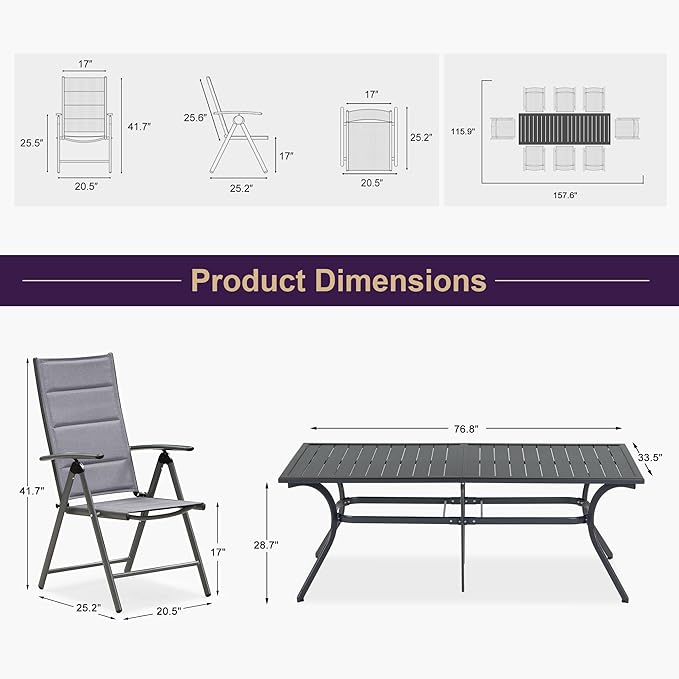 PURPLE LEAF Outdoor Dining Set for 8 with All-Aluminum Black Slat Table and Padded Folding Chairs Modern Patio Furniture Dining Table Set ldeal for Deck Under Pergola Poolside Outdoor Kitchen, Grey