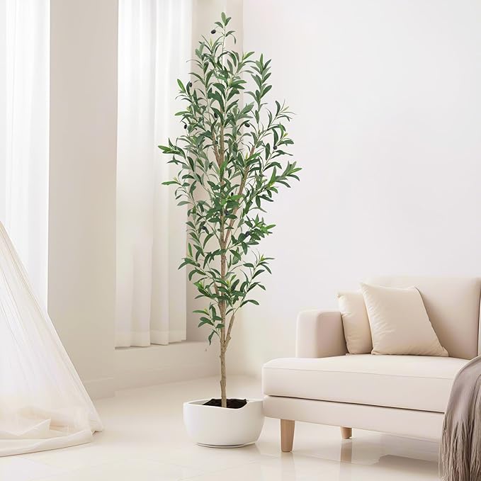 6FT Artificial Olive Tree, Realistic Faux Tree with Leaves and Fruits for Indoor Home & Office Decor