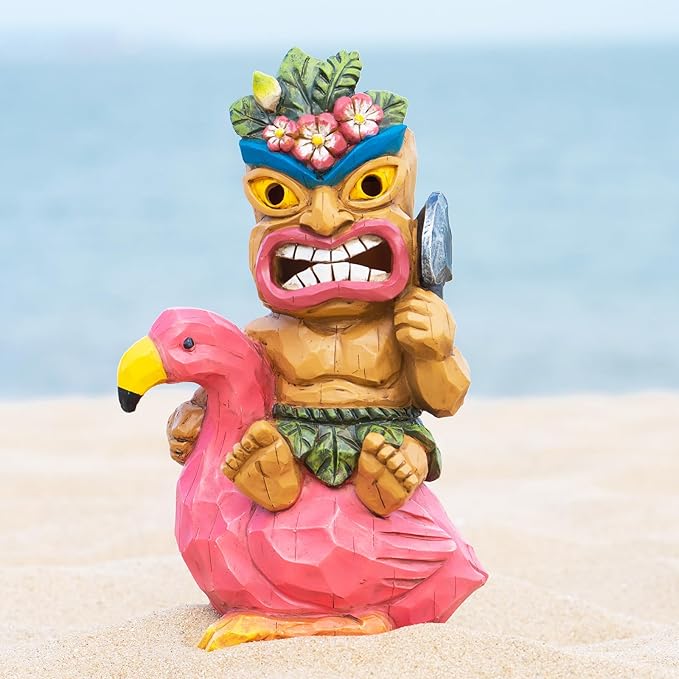 Tiki Outdoor Statue with Flamingos Decor - Solar Powered Garden Figurine Tiki Art for Tiki Bar,Backyard,Garden,Yard,Flowerbed,Walkway,Patio,Lawn,Porch Decorations,Gifts