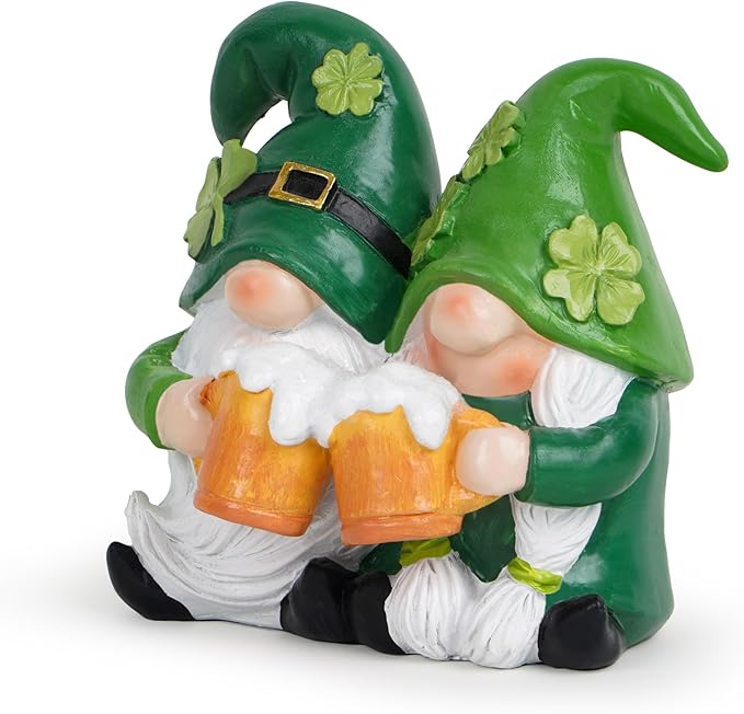 Hodao St. Patrick’s Day Couple Gnomes Figurines — Green Shamrock Gnomes with Beer, Resin Tabletop Decor for Mantel, Shelf & Bar | Lucky Holiday & Valentine’s Day Gift