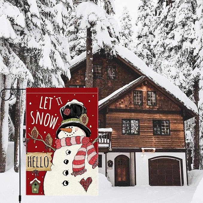 Let It Snow Snowman Snowflake Winter Christmas Garden Flag 12x18 Inch Double Sided Burlap, Cardinal Red Farmhouse Yard Outdoor Decorative Flag (RMQ46)
