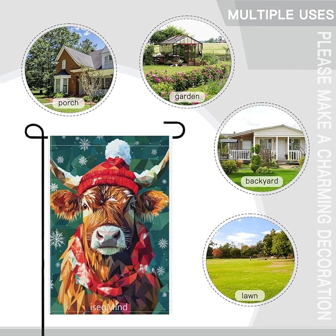 Highland Cow with Red Scarf and Hat Snowflake Christmas Garden Flag, 28x40 Inch Double Sided Linen Holiday Red Winter Farmhouse Yard Outdoor Decoration (4323)