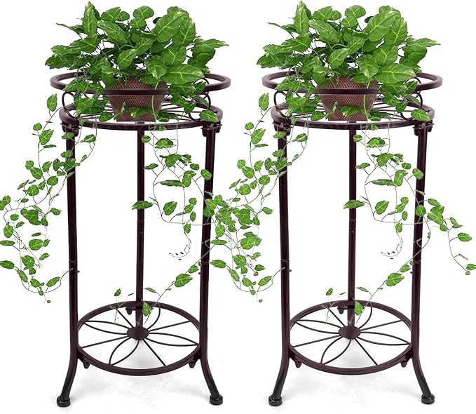 YHIJURS 2 Pack Metal Plant Stand Indoor Outdoor,2 Tiers 20.3inch Tall Plant Stands,Iron Corner Flower Pot Holder, Plant Rack, Display Shelf for Home Garden Office-Brown