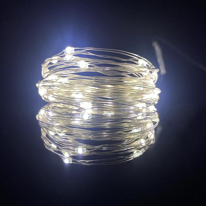 2 Pack Battery Operated Mini Led Fairy Lights Dewdrop Garland Lights with Timer 6 Hours on/18 Hours Off for Wedding Party Decorations,50 Leds 18 Feet Silver Wire (Cold White)