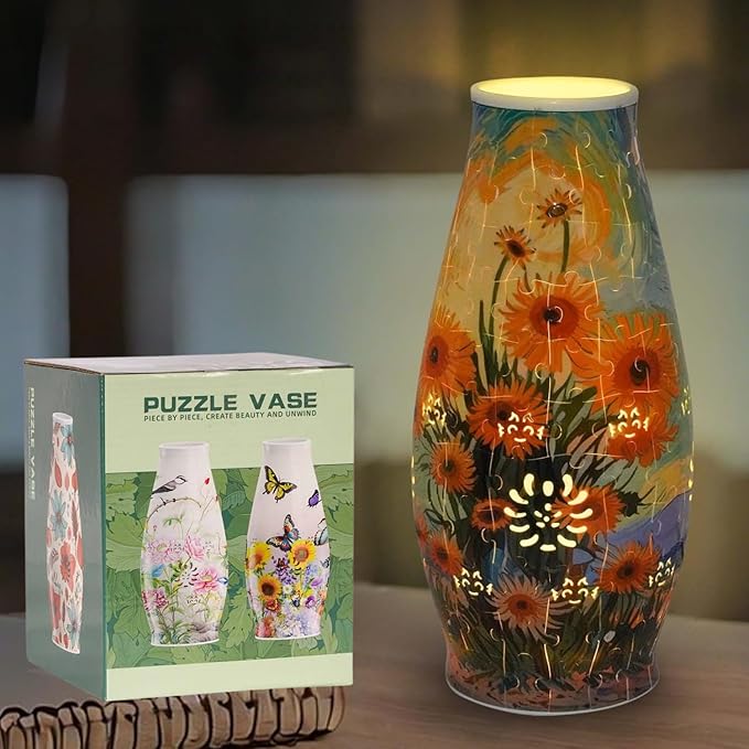 MYLARREN 3D Puzzle Vase for Adults & Kids, 152 Pcs 3D Puzzle Planter Vases for Flowers, Arts and Crafts for Kids 4-6, Adults, Girls, Cute Unique Flower Vases with Night Light(Sunflower)
