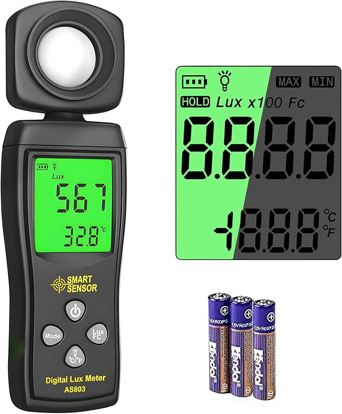 Digital Light Meter, Backlit LCD Display Lux/Foot Candles Meter with 180º Rotating Sensor, Range up to 200,000 Lux Luxmeter,for Photography Plants Lighting Intensity Brightness Measurement