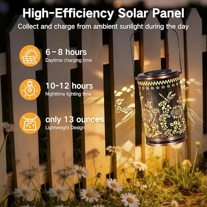 OUTONLIFE Dragonfly Solar Lanterns Outdoor Waterproof, Metal Hanging Solar Lights for Outside Garden, Yard, Patio, Backyard, Porch Decor, Birthday Gifts for Women Mom Grandma