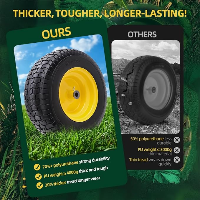 16x6.50-8 tire and wheel Flat Free Assemblies (2 Pack), Lawn Mower Tires with Rim, Solid Rubber Riding Lawn Mower Tires and Wheels,3" Offset Hub,3/4" Bushings,16x6.5-8 Tractor Turf Tire