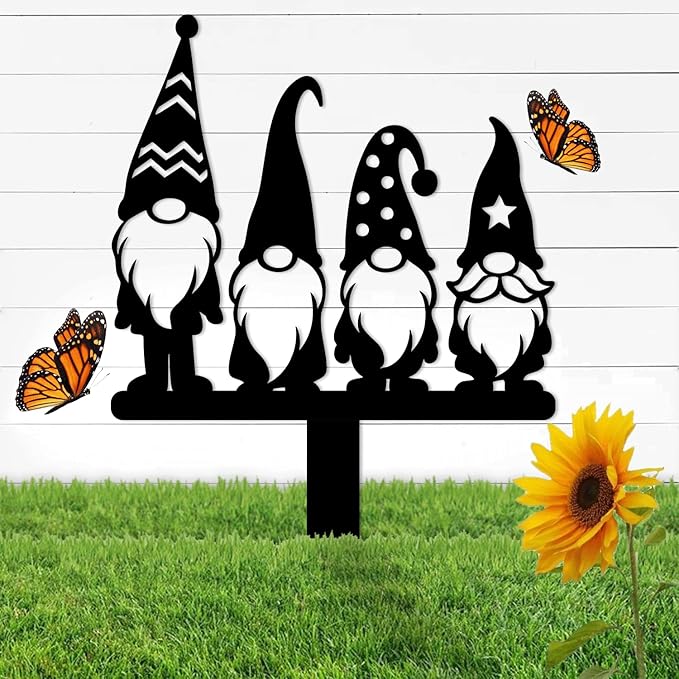 Magilab Personalized Iron Yard Stake - Christmas Cute Gnome Dwarves Decor, 8-Inch Black Metal Garden Sign for Outdoor (Style T)