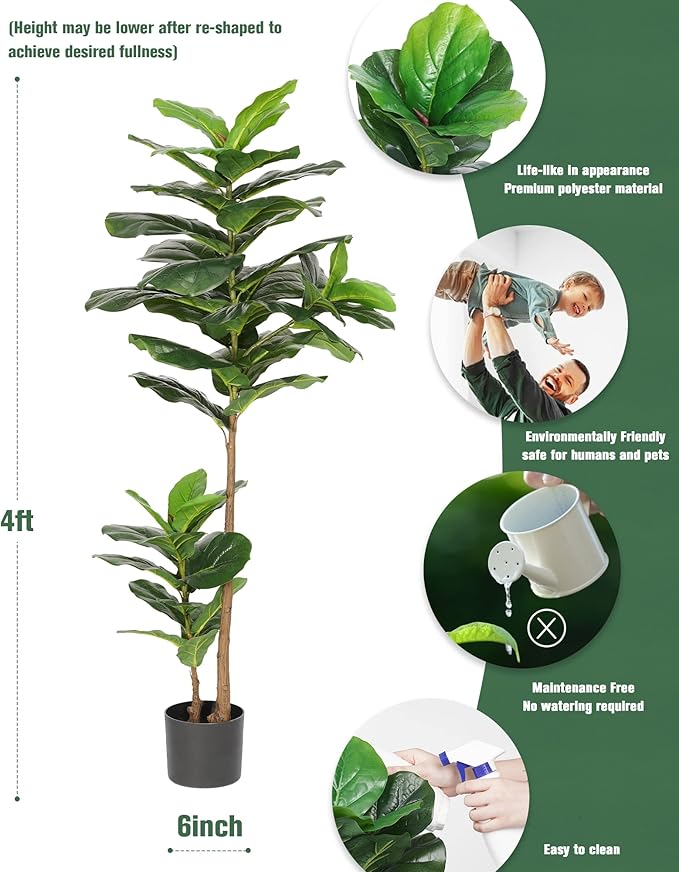 FLOWORLD Fiddle Leaf Fig Tree Artificial Plant 4FT Tall Faux Plants Indoor Fake Ficus Lyrata Plant in Pot Artificial Fig Trees for Home Office Store Room Decor Indoor Outdoor Housewarming Gift