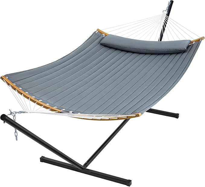 SUPERJARE Hammock with Stand, 2 Person Heavy Duty Hammock with Padded Cotton, Detachable Pillow & Strong Curved-Bar & Portable Carrying Bag, Perfect for Outdoor & Indoor, Neutral Gray