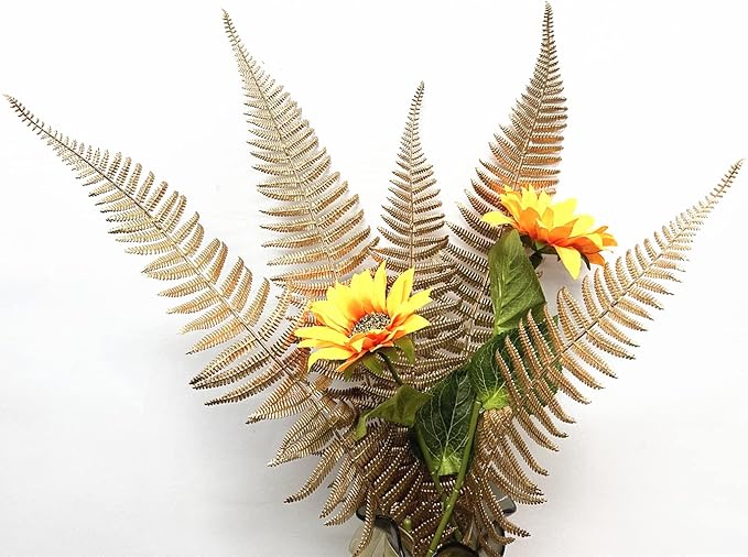 CATTREE Artificial Gold Fern Plants Large Leaves Tall 23" - 5 Pack, Fake Boston Ferns Golden Plant Decoration Plastic Faux Foliage Shrubs Simulated Leaf for Party Wedding Table Centerpiece DIY Décor