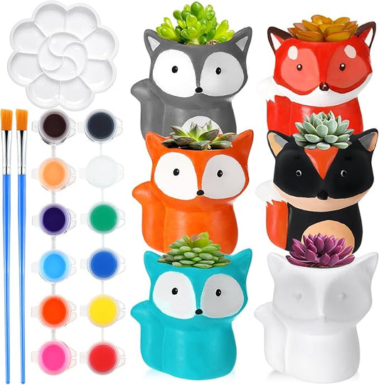 Pasimy 6 Set Ceramics to Paint DIY Ceramic Succulent Planter Pots Paint Your Own Flower Pots Craft Kit Unpainted Bisque Flowerpot with Brush Palette for Family Activity Holiday Gifts(Fox)