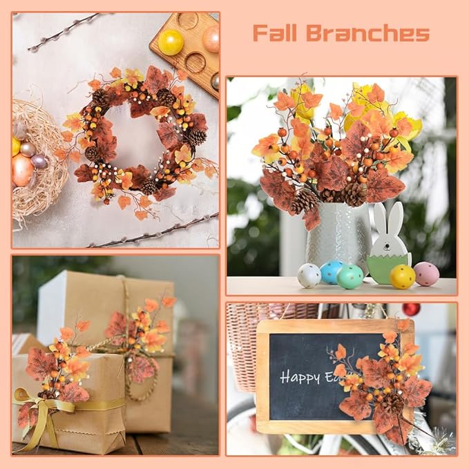 Fall Floral Picks 4PCS, Maple Leaf Pinecone Berries Branch Artificial Autumn Picks and Sprays for Farmhouse Autumn Vase Halloween Thanksgiving Decor