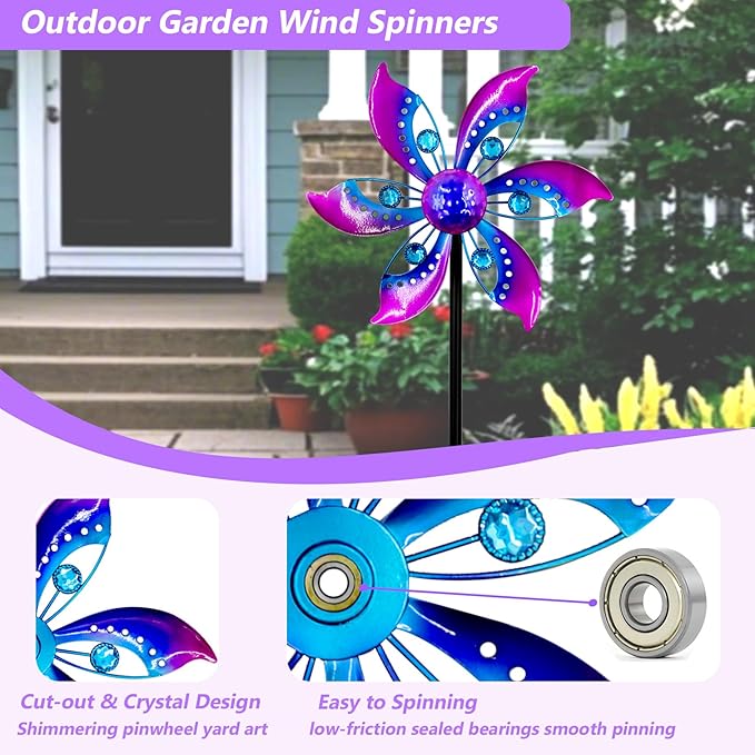 Gronhof Wind Spinners Outdoor Metal, 10.63" W*37" H Pinwheels for Yard and Garden Decor, Kinetic Wind Sculpture Spinner Yard Art (Purple)