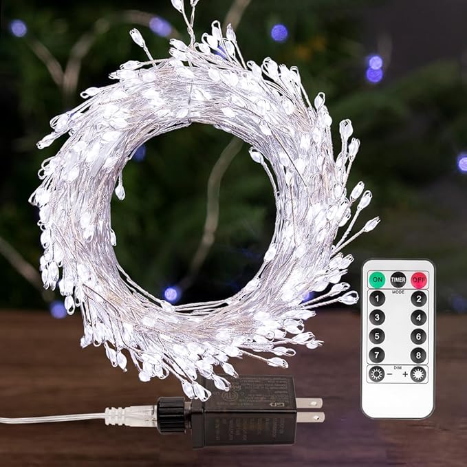 Fairy Lights Plug in, 20 Feet 200LED Cool White Silver Wire Firecracker Firefly Lights with Remote, Waterproof Copper Wire Lights for Bedroom Wreath Window Wedding Christmas Tree Decoration