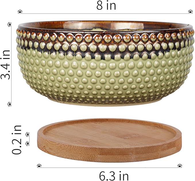 EPFamily 8 Inch Ceramic Succulent Shallow Planter Pot with Drainage Hole and Saucer Beaded Stoneware Planter for Indoor Plants Green