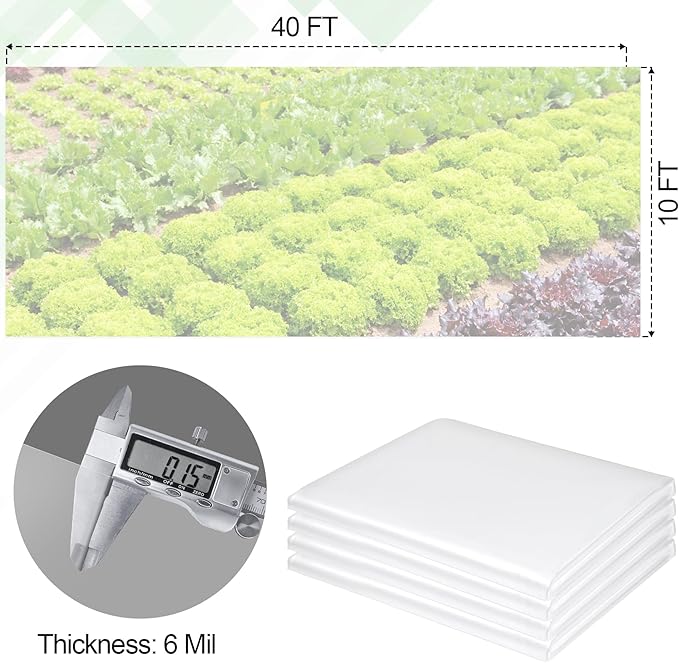 10 x 40 FT Clear Greenhouse Plastic Sheeting, 6 Mil Polyethylene Film Heavy Duty, Water Sun Frost Wind Dust Resistant Winter Hoop House Toughness Plastic Cover for Farming, Gardening, Agriculture,DIY