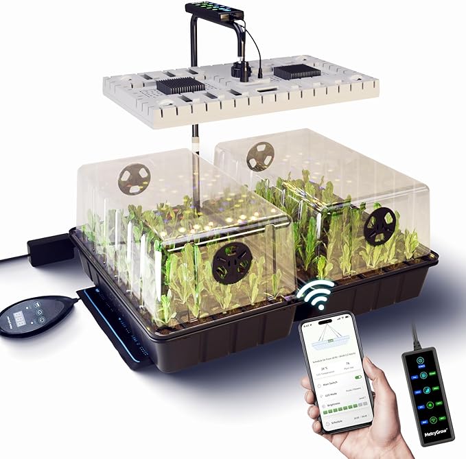 80-Cell Seed Starter Tray with 48W Full Spectrum Grow Light & 30W Heating Mat, Adjustable Dome & Light Stand, Waterproof Base, Indoor Germination Kit for Healthy Seedlings