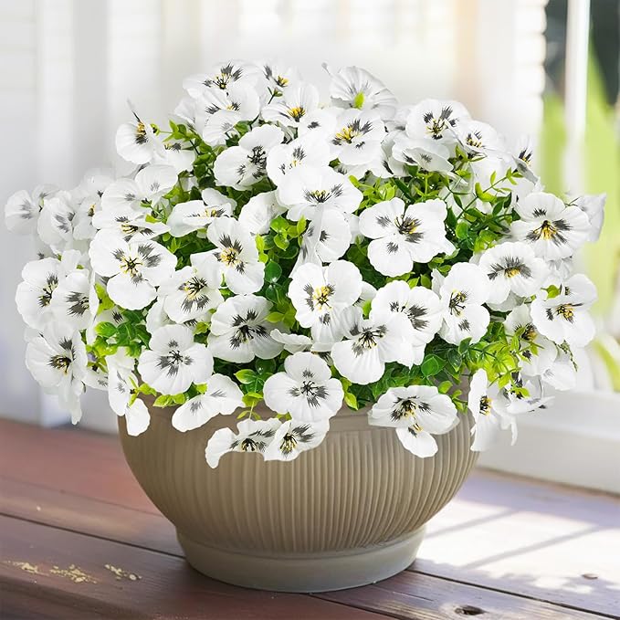 SupBri 12 Bundles Artificial Flowers for Outdoor, UV Resistant Fake Pansy Flowers, Silk Faux Fowers for Outdoor Planters Home Garden Office Patio Front (12, White)