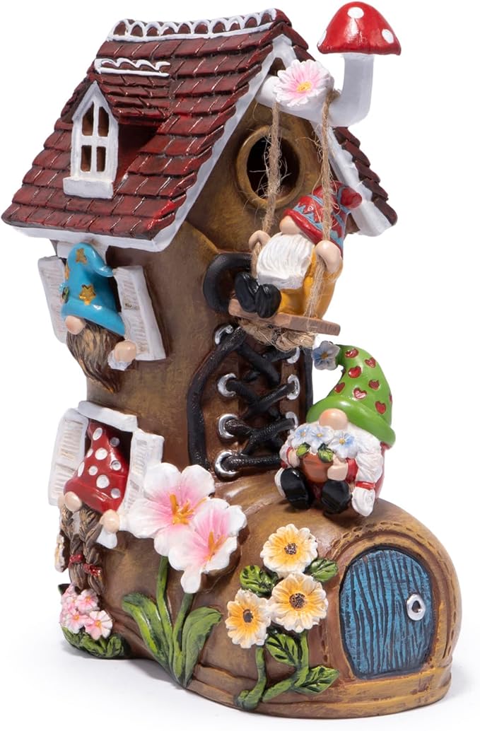 Hodao Spring Solar Gnomes Garden Decor - Whimsical Shoe House with Swinging Gnome, Hand-Painted Floral Base & Mushroom Swing for Porch, Yard, Flower Bed Garden Gifts for Women, Mom (Brown)